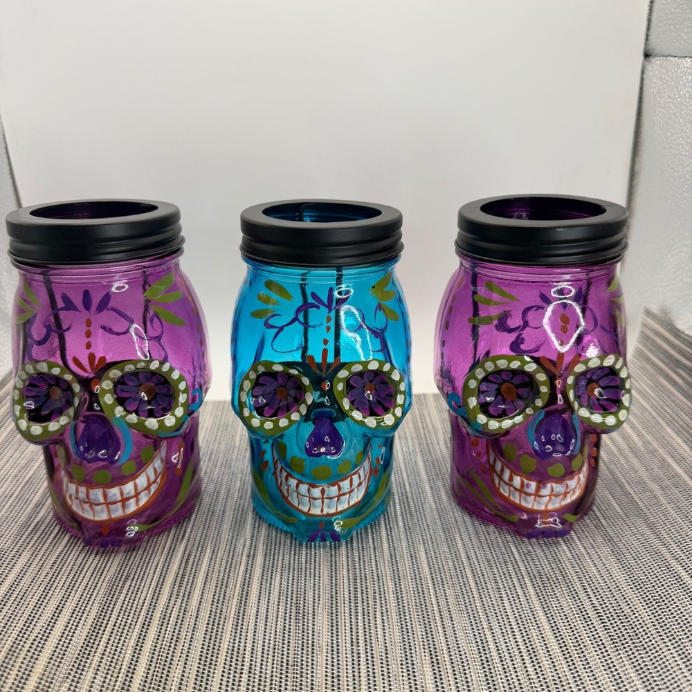 Set of 3 Sugar Skull Glass Lanterns Hand Painted LED Tealight Holders 6in